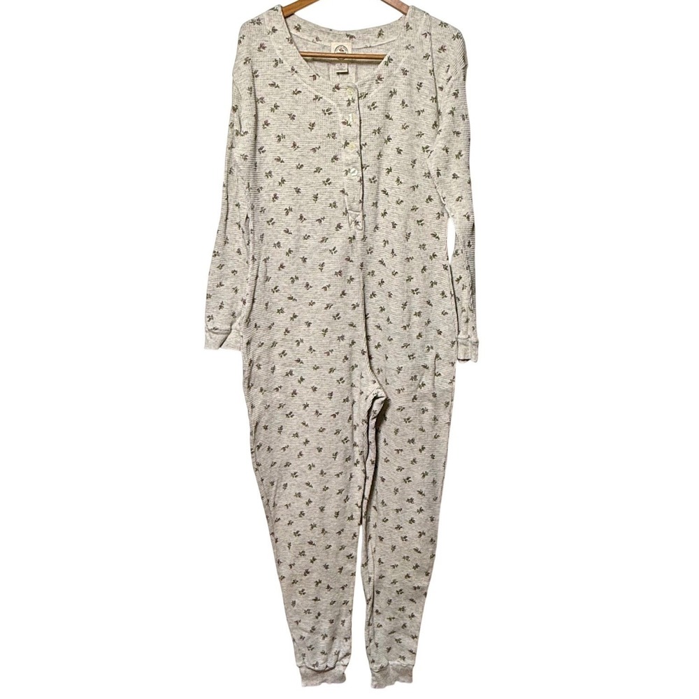 Victoria's Secret Gray Floral One Piece Thermal Pajamas Fall Vintage 90s Large